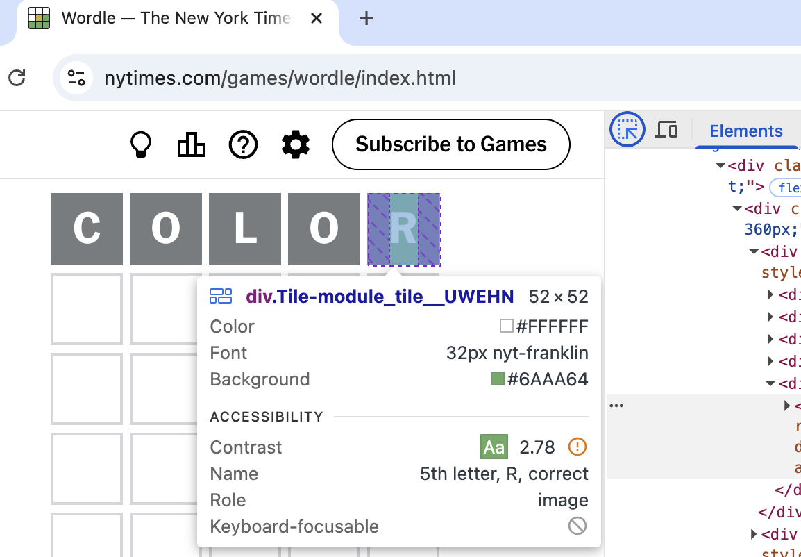 Select tool in Chrome showing contrast ratio